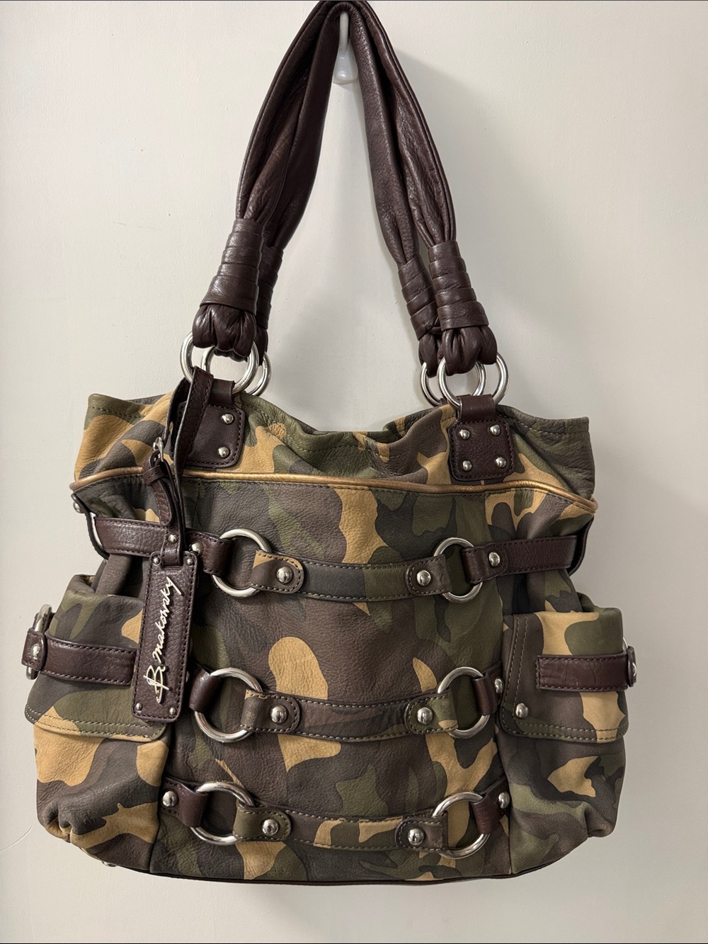 B. Makowsky Camouflage Shoulder Bag with Dark Brown Leather Trim